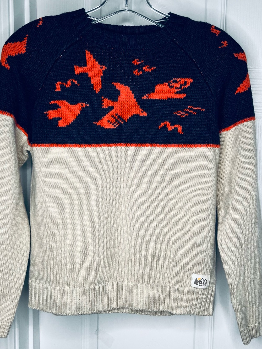 REI co-op Sz M(10-12) Boys Bird-Pattern Crewneck SweaterNavy/Orange